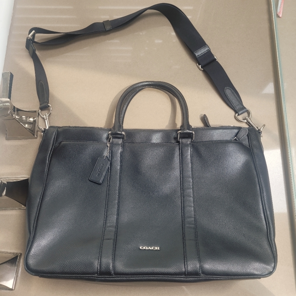 Unisex Coach Laptop Bag, black pebble grained leather
